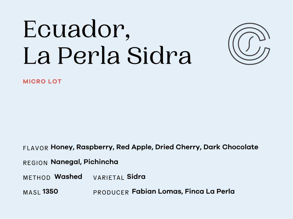 Ecuador, La Perla Sidra front label: honey, raspberry, red apple, dried cherry, dark chocolate